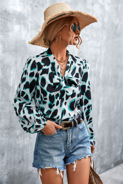 Elegant Women's Shirt with Bow Tie, Chiffon, Printed Long Sleeve