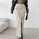 Women's maxi skirt PU leather elegant straight split high waist