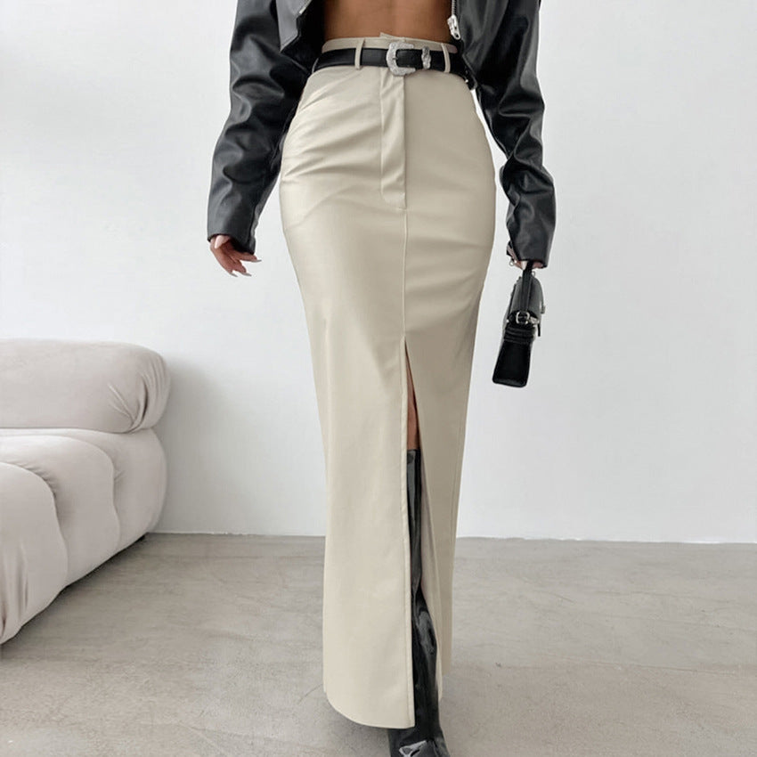 Women's maxi skirt PU leather elegant straight split high waist