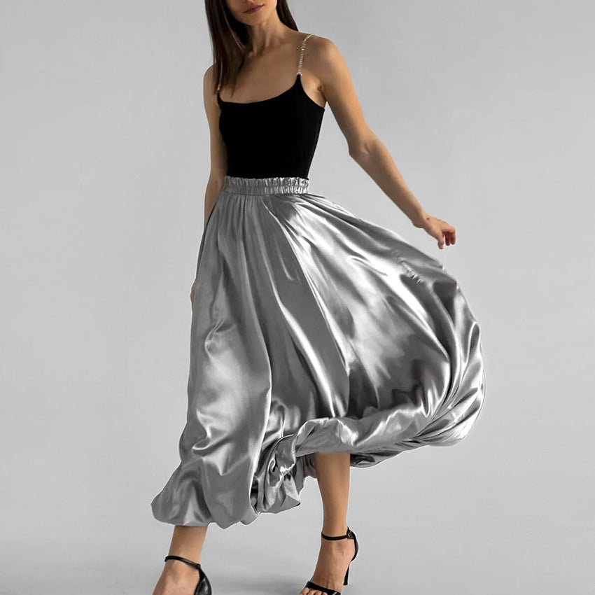 Women's long skirt pleated elastic metallic silver bubble balloon