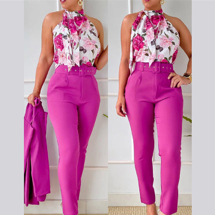 Women's Set Two Piece Pants Floral Top Halter High Waist 