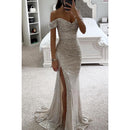 Women's Elegant Split Sequin Evening Dress Off Shoulder