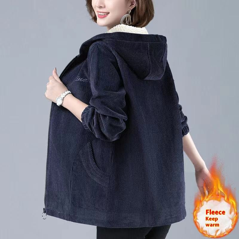 Women's coat corduroy thick fleece lined elegant hooded warm