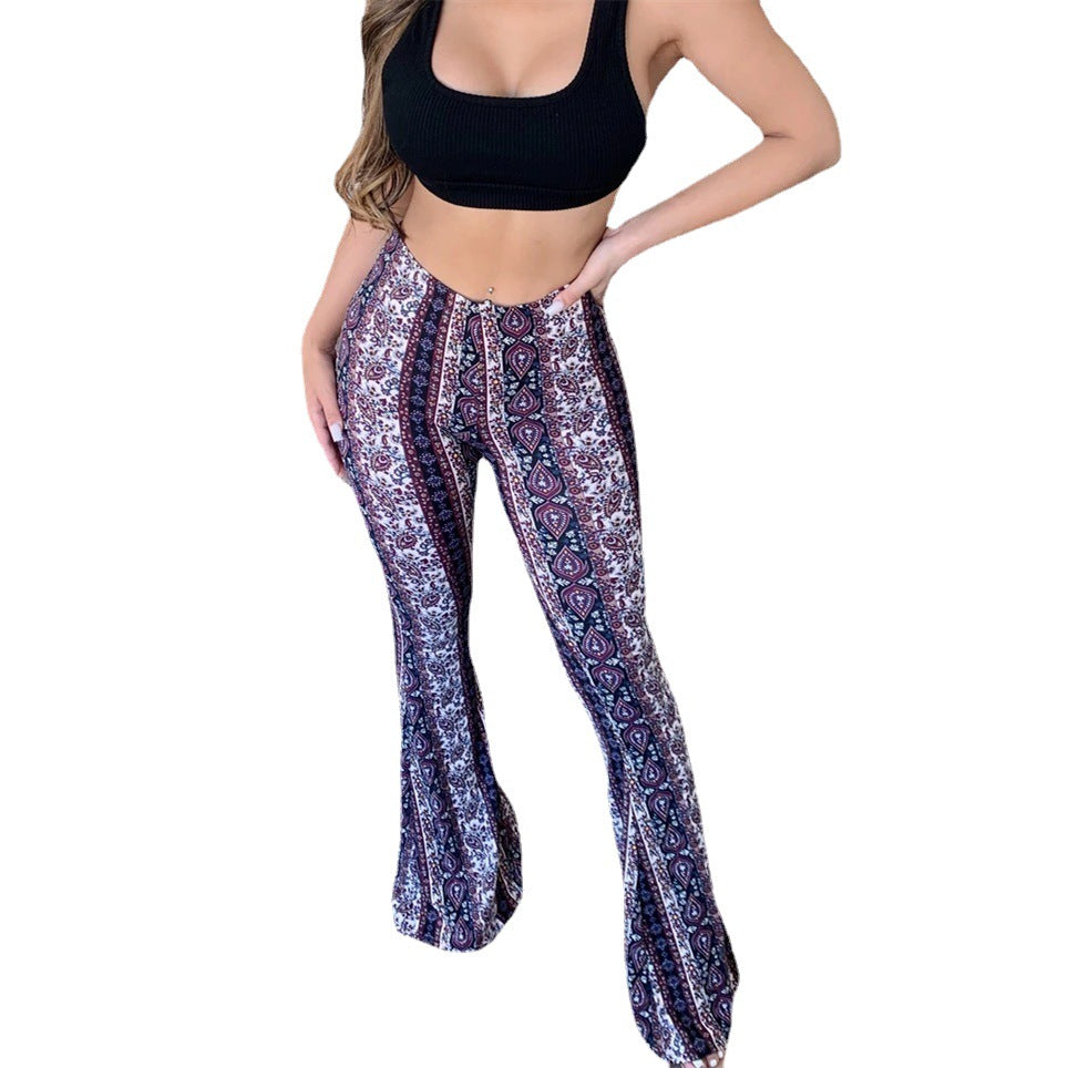 Women's High Elastic Flared Bodycon Pants Slim Sexy Printed Trousers