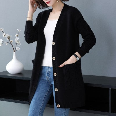 Women's Cardigan knitted pocket solid color elegant, long sleeves, v-neck