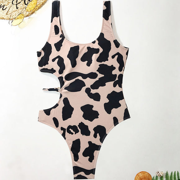 Women's swimsuit one-piece elegant ribbed cutout cow print