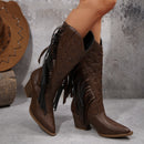 Women's Western Cowboy Boots Elegant Pointed Toe Chunky Heel Star Fringe