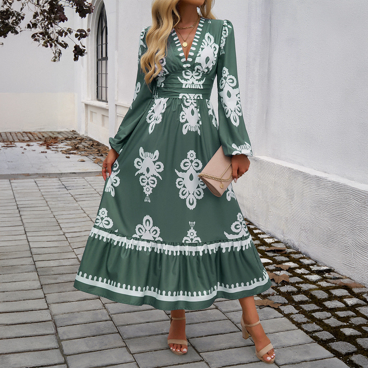 Women's maxi dress printed with ruffles elegant lantern sleeves