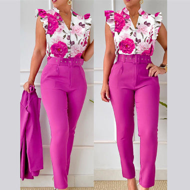Women's Set Two Piece Pants Floral Top Halter High Waist 