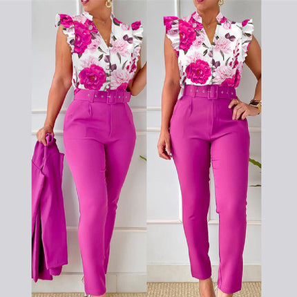 Women's Set Two Piece Pants Floral Top Halter High Waist 