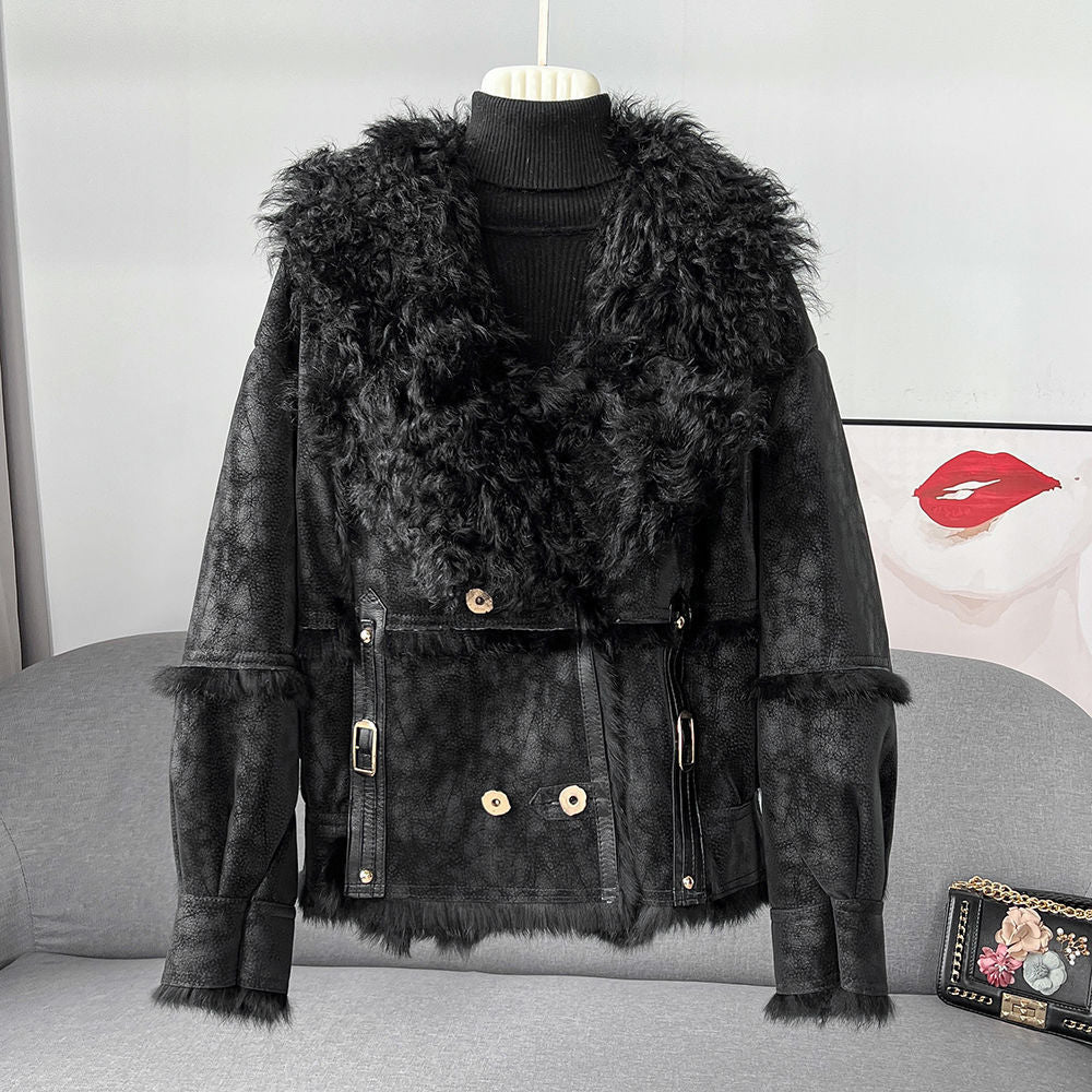 Women's coat elegant in rabbit fur sheepskin collar warm streetwear