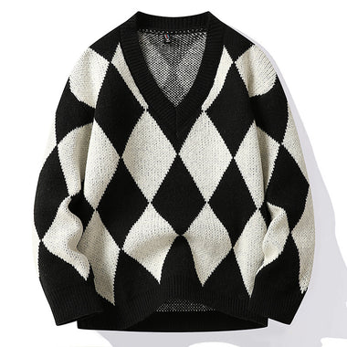 Buy black Men’s Knit Sweater Pullover Elegant Loose Oversized V Neck Long Sleeve