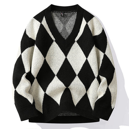 Buy black Men’s Knit Sweater Pullover Elegant Loose Oversized V Neck Long Sleeve