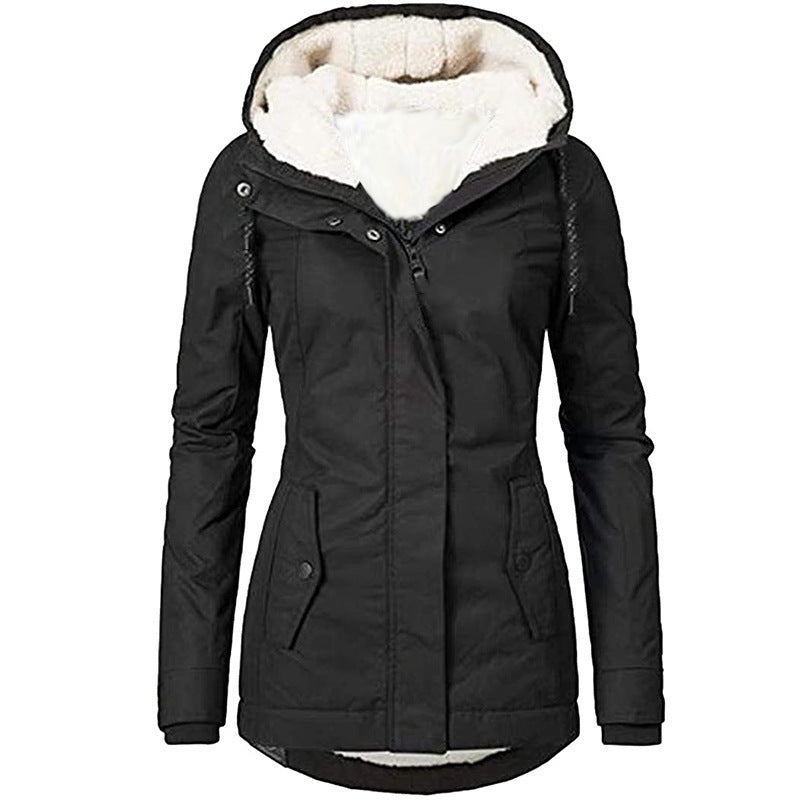 Women's coat with pockets hooded solid plush thickened zipper long sleeves