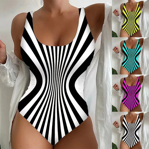 Women's swimsuit one-piece elegant striped printed