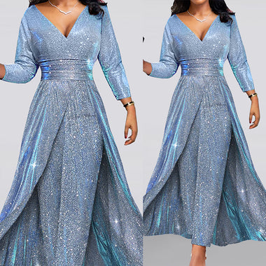 Women's Jumpsuit Sequin Prom Plus Size High Waist Long Sleeve Party - 0