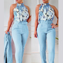 Women's Set Elegant Floral Two Piece Halter Top High Waist Pants-7