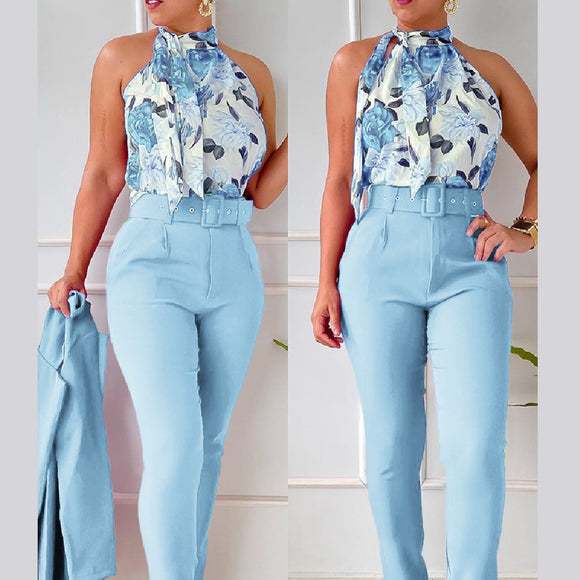 Women's Set Elegant Floral Two Piece Halter Top High Waist Pants