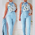 Women's Set Two Piece Pants Floral Top Halter High Waist 