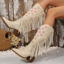 Women's Western Cowboy Boots Elegant Pointed Toe Chunky Heel Star Fringe