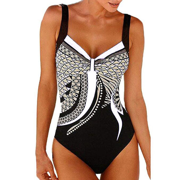 Women's swimsuit one-piece elegant strap retro printed