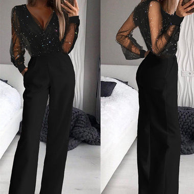 Women's Wedding Jumpsuit Elegant Shiny Mesh V Neck Slim Party