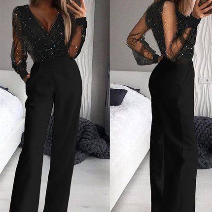 Women's Wedding Jumpsuit Elegant Shiny Mesh V Neck Slim Party