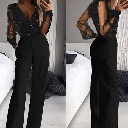 Women's Wedding Jumpsuit Elegant Shiny Party Mesh V Neck Slim