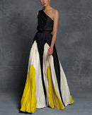 Women's Pleated Printed Long Dress, Strapless Contrast Stitching