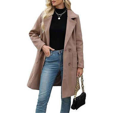 Buy camel Women’s Coat Elegant Slim-Fit Mid-Length Double-Breasted Turn-Down Collar
