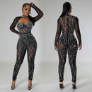 Women's Jumpsuit  Elegant Sparkly  Rhinestone Mesh See Through Long Sleeve Romper