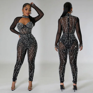 Women's Jumpsuit  Elegant Sparkly  Rhinestone Mesh See Through Long Sleeve Romper