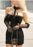 Mini Dress Evening elegant, sequin feather halter with gloves.