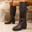 Women’s Knee-High Boots Elegant Retro Cross Belt Buckle Mid Heel Knight-1