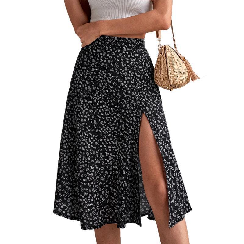 Women's midi skirt bohemian elegant high split floral print