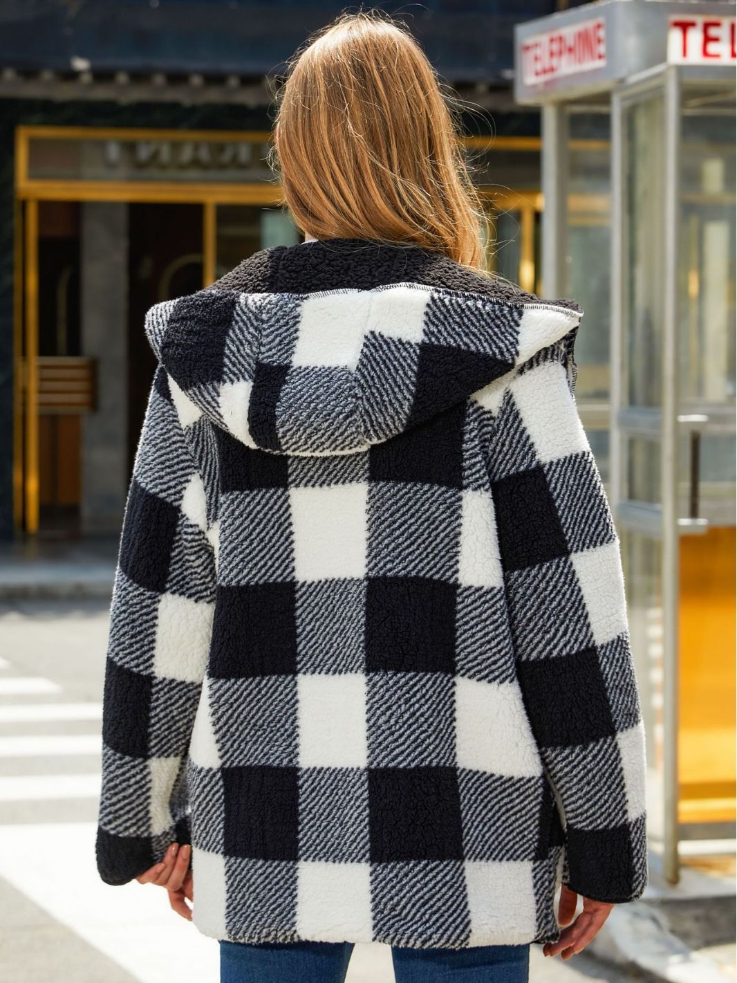 Women's coat hooded elegant checkered print warm and loose