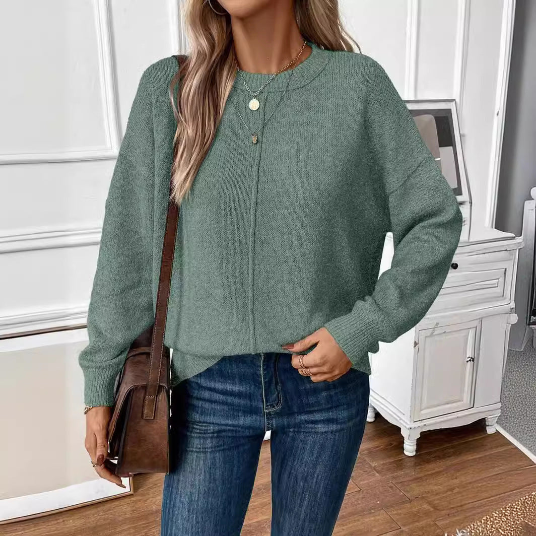 Women's sweater knitted plain casual, round neck, long sleeves