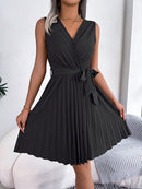 Women's dress pleated fitted sleeveless elegant cross v-neck