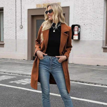 Women’s Coat Elegant Slim-Fit Mid-Length Double-Breasted Turn-Down Collar