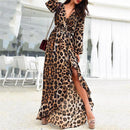 Women Long Maxi Kaftan Flare Swing Sexy Slit Leopard Print Dress, V-neck