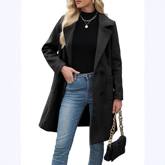 Women’s Coat Elegant Slim-Fit Mid-Length Double-Breasted Turn-Down Collar