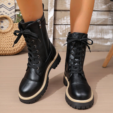 Acheter noir Bottes mi-mollet pour femme élégantes à lacets petit talon compensé confortables