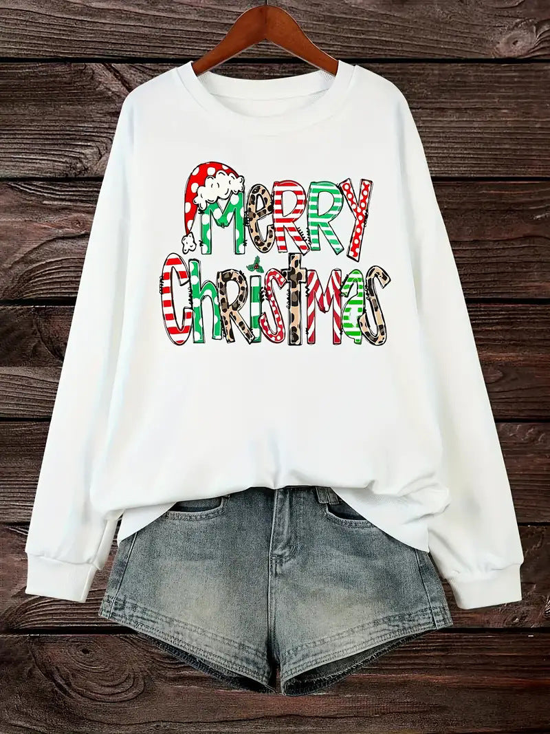 Sudadera de mujer con estampado navideño elegante cuello redondo