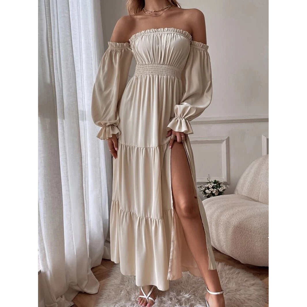 Women's maxi dress off shoulders ruffled long sleeves high slit