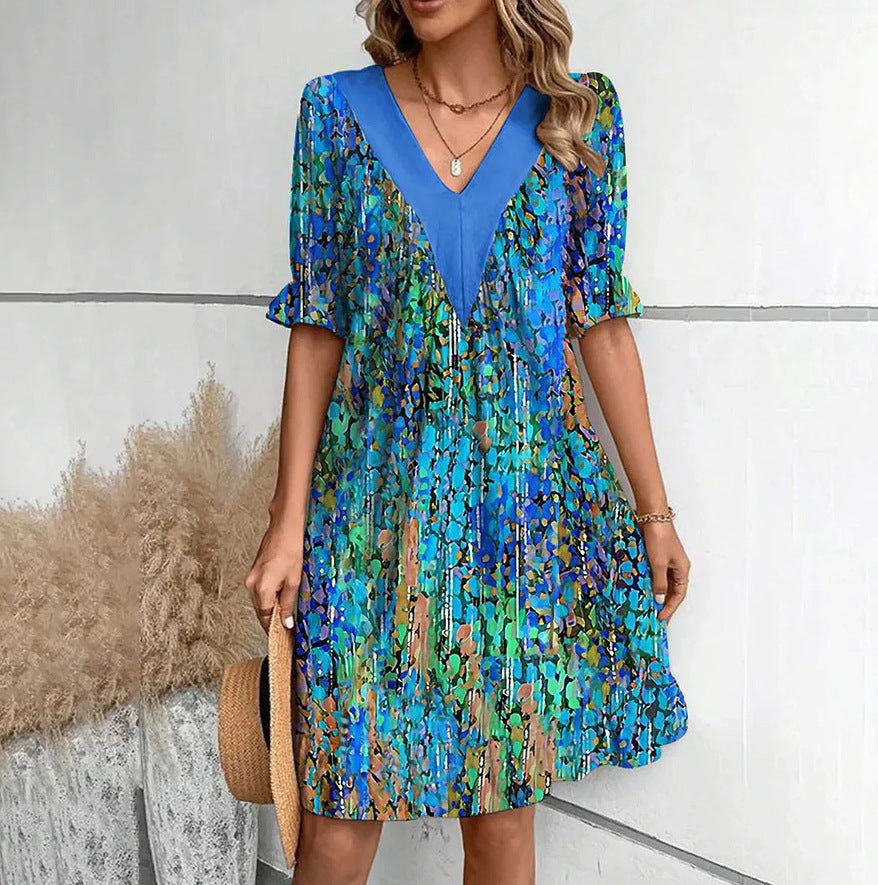 Women's Mini Dress loose short-sleeved V-neck elegant printed