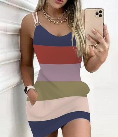 Women's mini dress matching pockets, casual, straight and printed