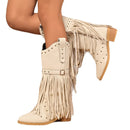 Women’s Mid Boots Elegant Western Cowboy Belt Buckle Rivet Tassel-5