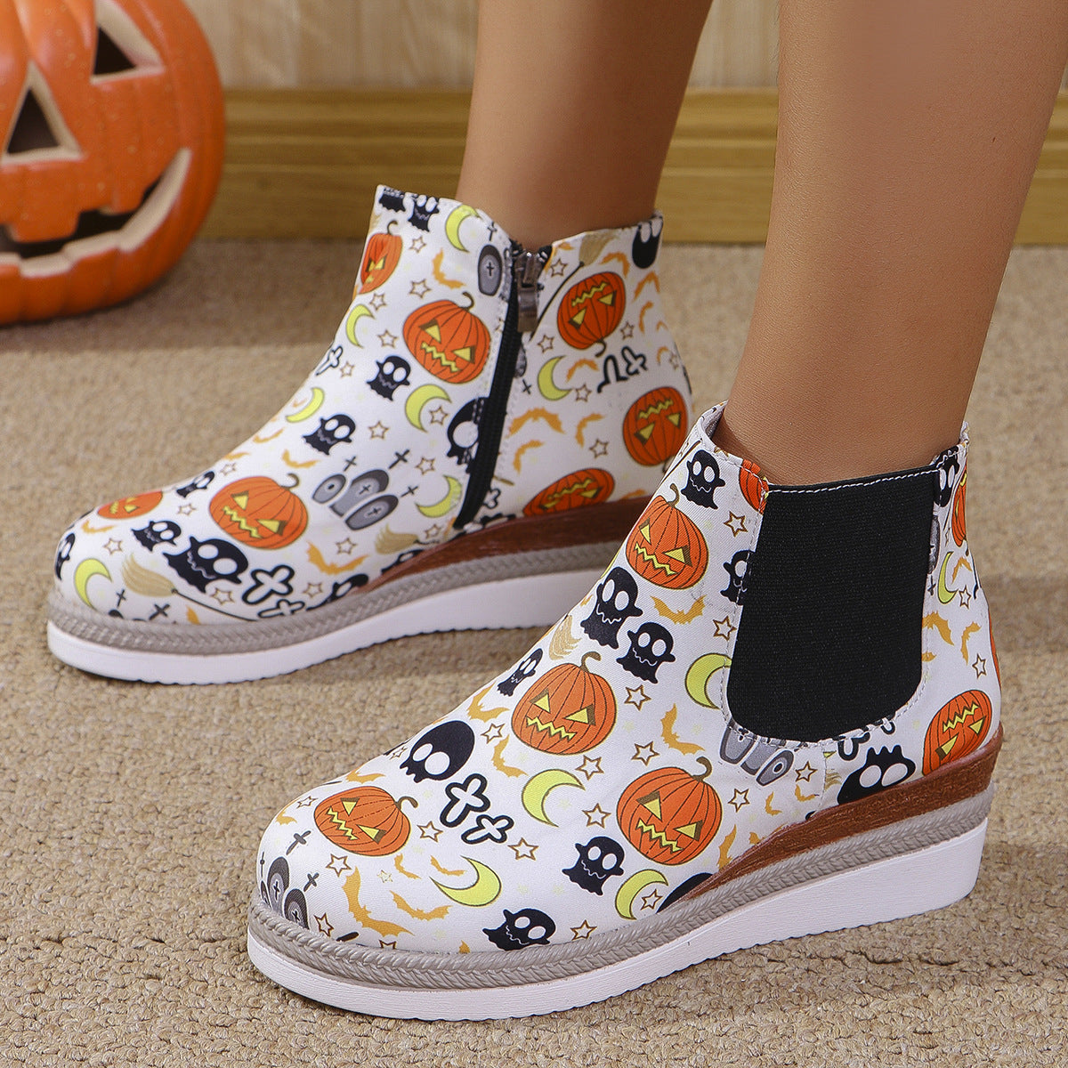 Women's Short Boots with side zipper elegant thick bottom and large flower