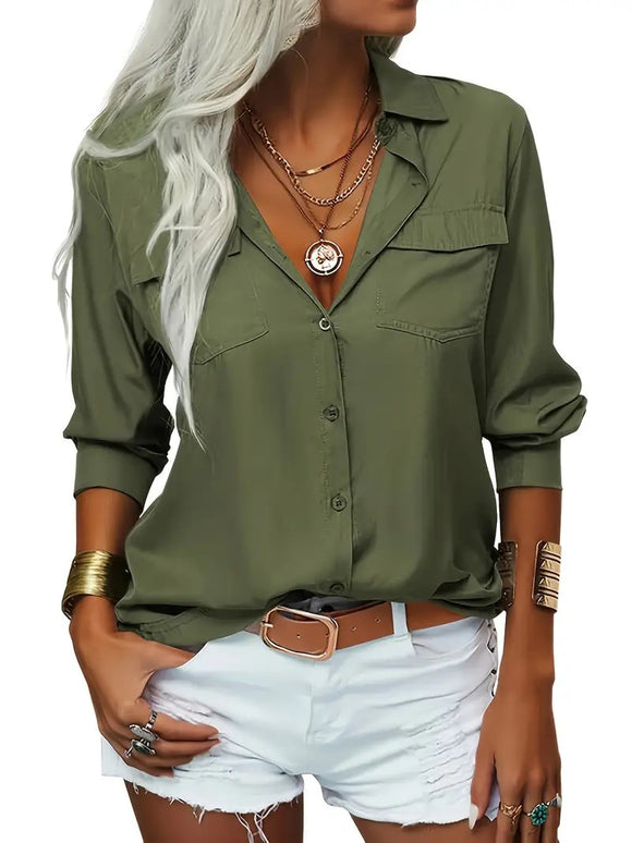 Elegant Blouse Spring Summer Casual Long Sleeve V Neck Loose Shirt Lady Tunics Tops
