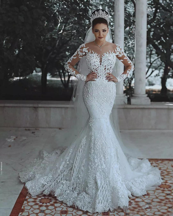 Women's Elegant Mermaid Wedding Dress V Neck Bridal Gown Train